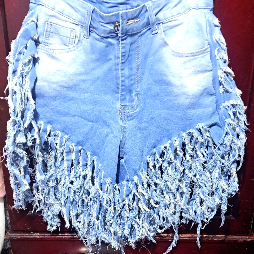 Fringed Blue Denim Shorts